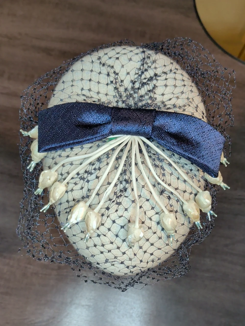 Vintage 60s Navy Blue Bow Veil Hair Fascinator w/ Draping Rose Buds MCM